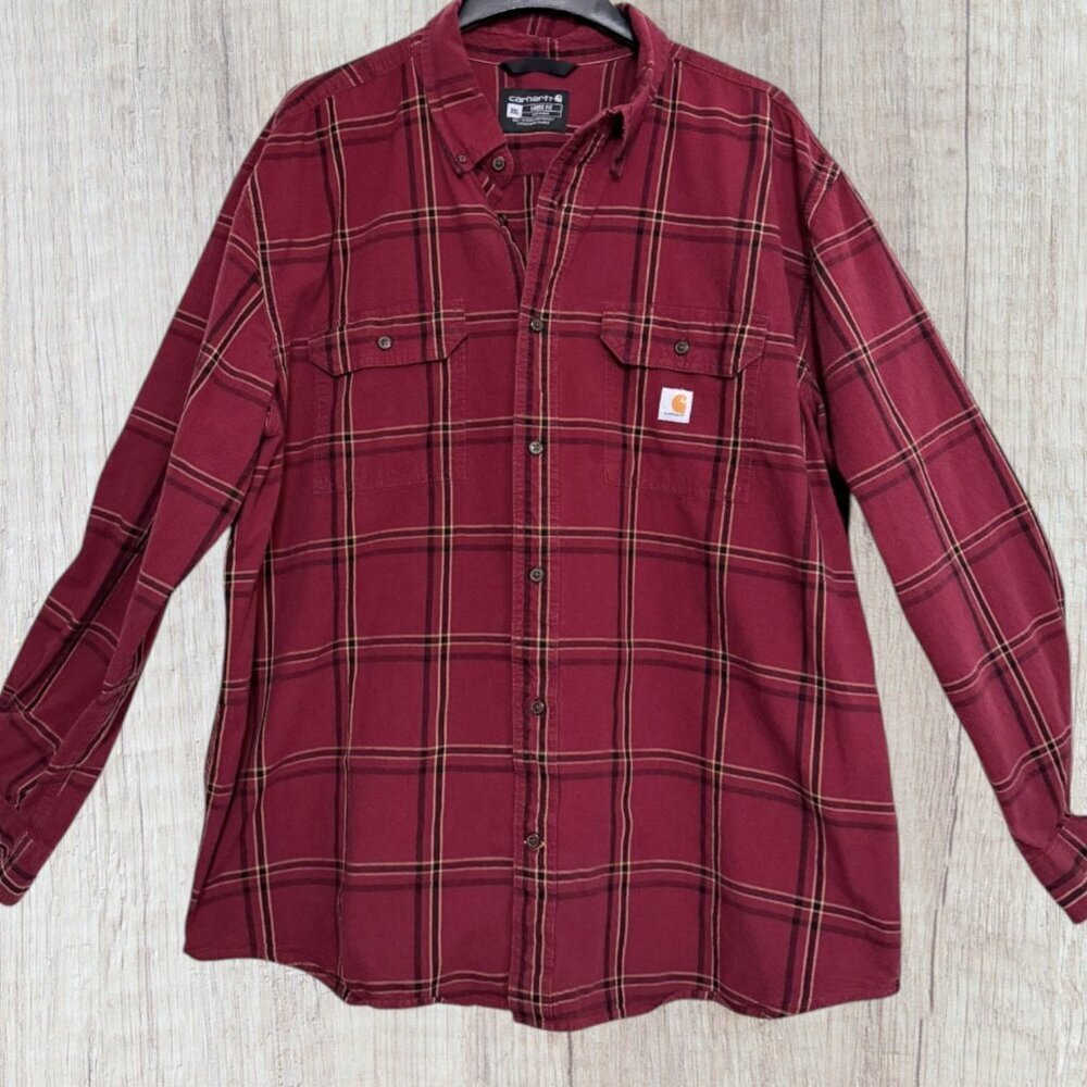 Carhartt Plaid Work Shirt Logo Patch Pocket Loose Fit Button Down Red 2XL XXL